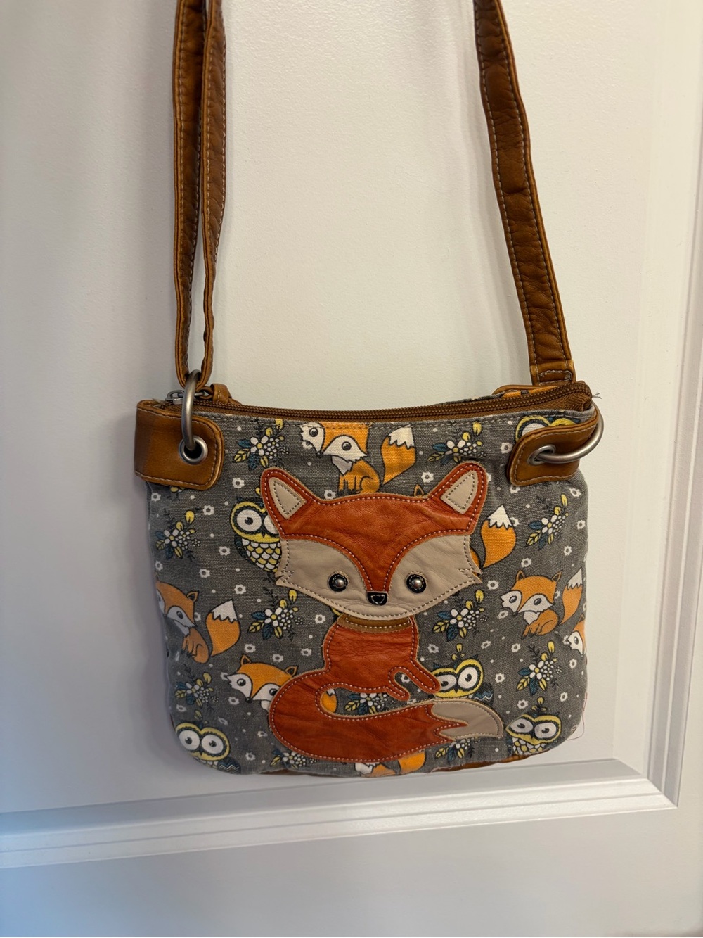 Fox Applique Crossbody Bag in Gray and Tan